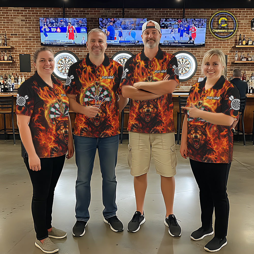 Personalized Orange Flaming Wolf Darts Shirt For Men Custom Fire Darts Jersey Team Polo & 1/4 Zip TDM7755