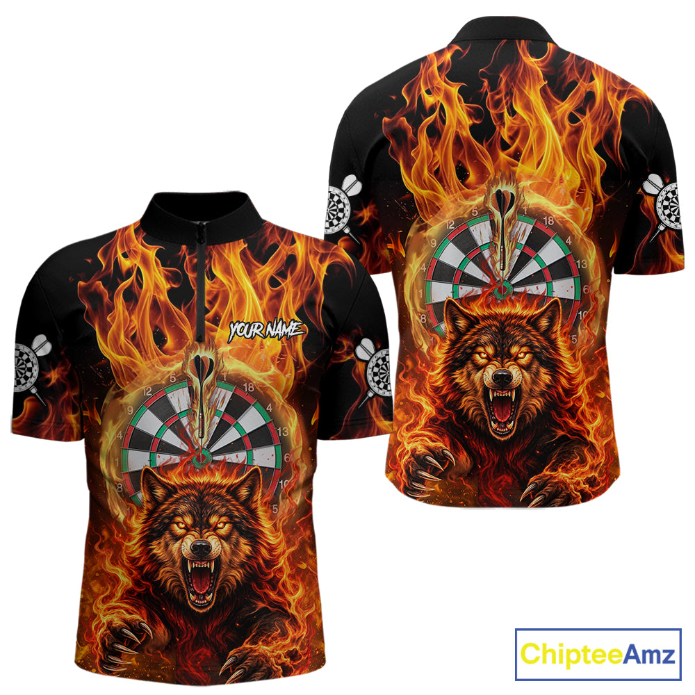 Personalized Orange Flaming Wolf Darts Shirt For Men Custom Fire Darts Jersey Team Polo & 1/4 Zip TDM7755