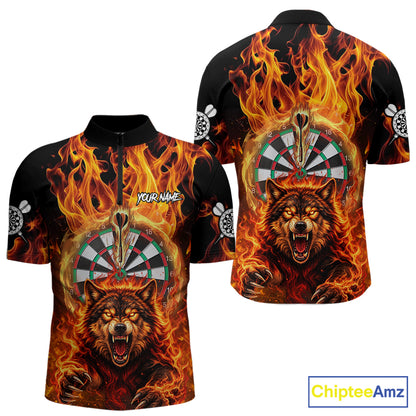 Personalized Orange Flaming Wolf Darts Shirt For Men Custom Fire Darts Jersey Team Polo & 1/4 Zip TDM7755