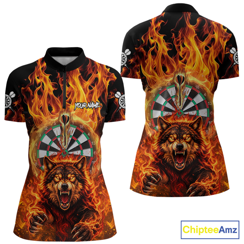 Personalized Orange Flaming Wolf Darts Shirt For Women Custom Fire Darts Jersey Team Polo & 1/4 Zip TDM7755
