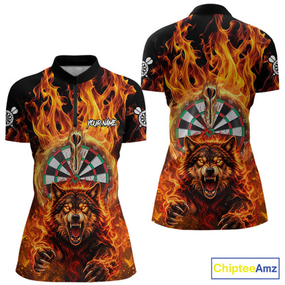 Personalized Orange Flaming Wolf Darts Shirt For Women Custom Fire Darts Jersey Team Polo & 1/4 Zip TDM7755
