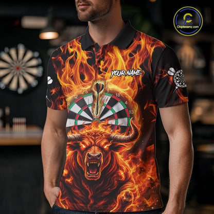 Personalized Orange Flaming Bull Darts Shirt For Men Custom Fire Darts Jersey Team Polo & 1/4 Zip TDM7756