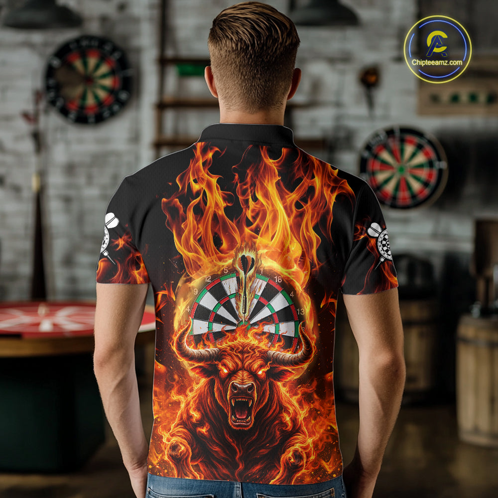 Personalized Orange Flaming Bull Darts Shirt For Men Custom Fire Darts Jersey Team Polo & 1/4 Zip TDM7756