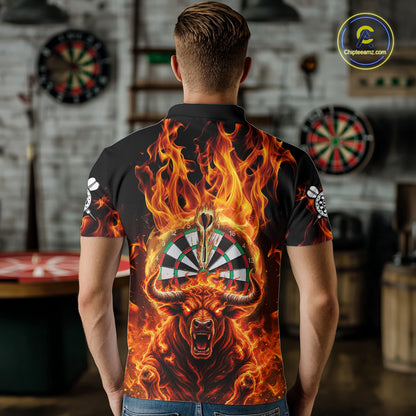 Personalized Orange Flaming Bull Darts Shirt For Men Custom Fire Darts Jersey Team Polo & 1/4 Zip TDM7756