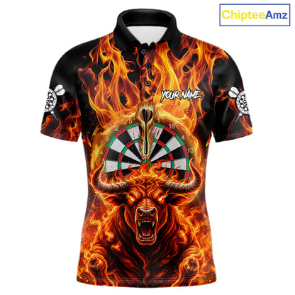 Personalized Orange Flaming Bull Darts Shirt For Men Custom Fire Darts Jersey Team Polo & 1/4 Zip TDM7756