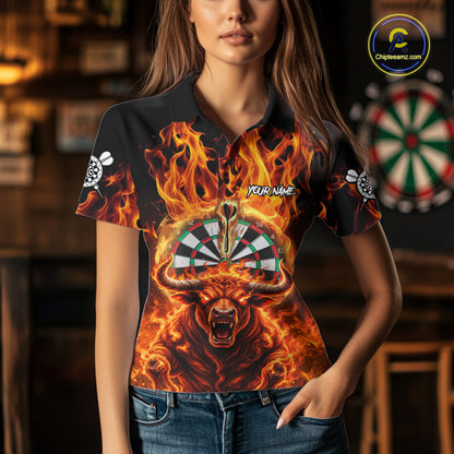 Personalized Orange Flaming Bull Darts Shirt For Women Custom Fire Darts Jersey Team Polo & 1/4 Zip TDM7756