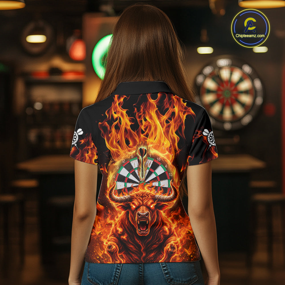 Personalized Orange Flaming Bull Darts Shirt For Women Custom Fire Darts Jersey Team Polo & 1/4 Zip TDM7756