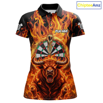 Personalized Orange Flaming Bull Darts Shirt For Women Custom Fire Darts Jersey Team Polo & 1/4 Zip TDM7756