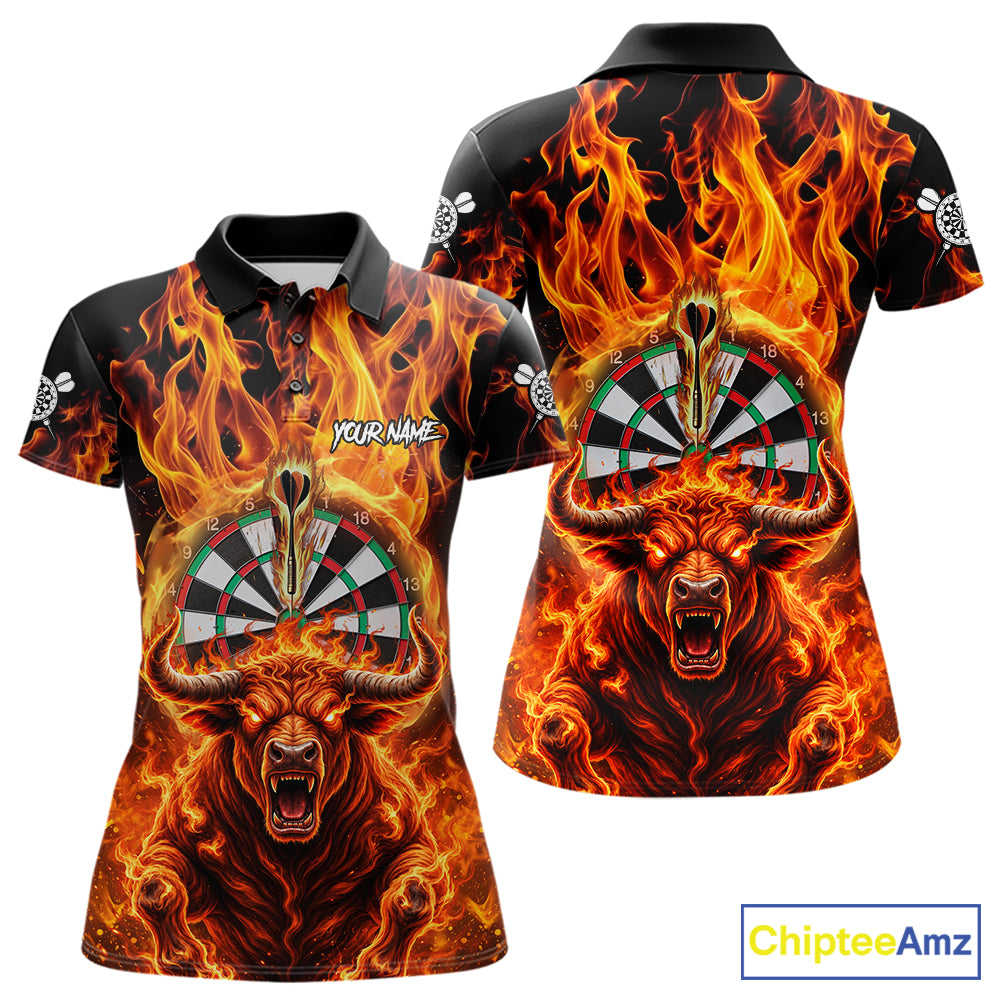 Personalized Orange Flaming Bull Darts Shirt For Women Custom Fire Darts Jersey Team Polo & 1/4 Zip TDM7756