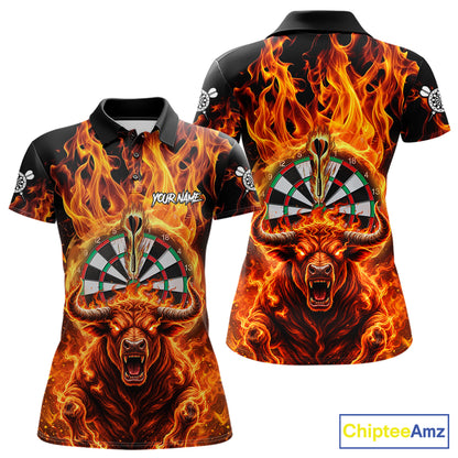 Personalized Orange Flaming Bull Darts Shirt For Women Custom Fire Darts Jersey Team Polo & 1/4 Zip TDM7756