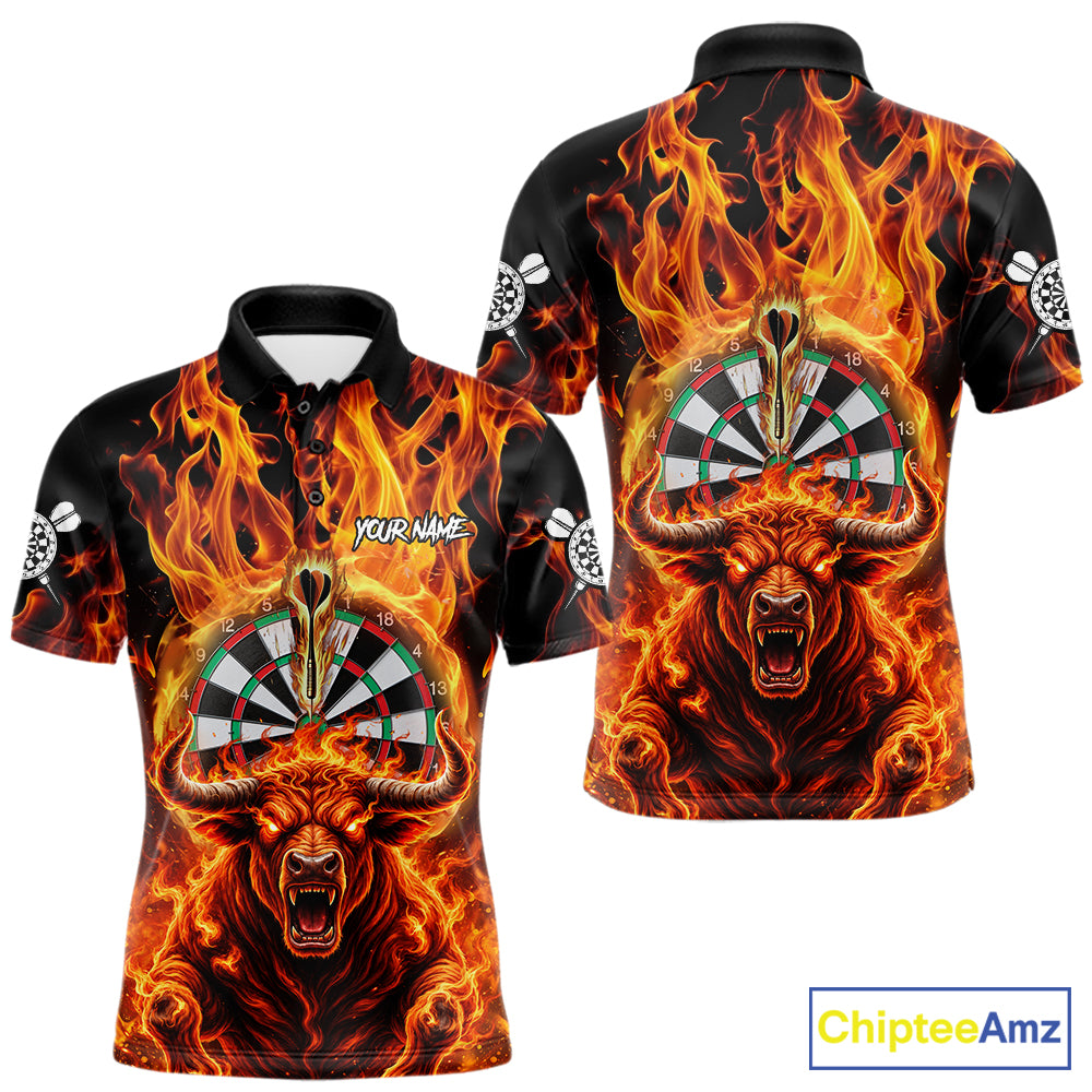 Personalized Orange Flaming Bull Darts Shirt For Men Custom Fire Darts Jersey Team Polo & 1/4 Zip TDM7756