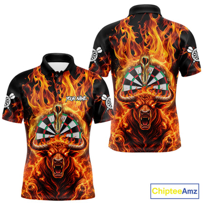 Personalized Orange Flaming Bull Darts Shirt For Men Custom Fire Darts Jersey Team Polo & 1/4 Zip TDM7756