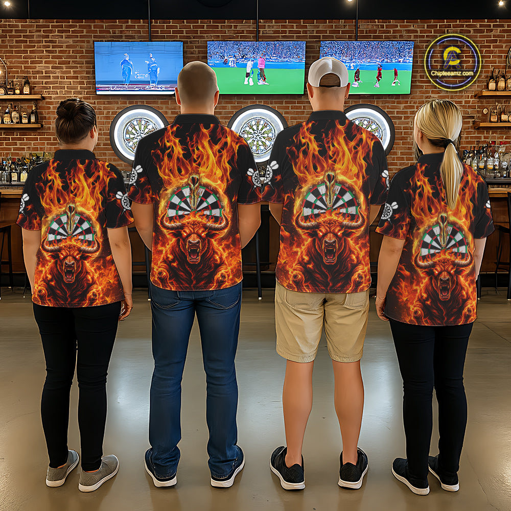 Personalized Orange Flaming Bull Darts Shirt For Men Custom Fire Darts Jersey Team Polo & 1/4 Zip TDM7756
