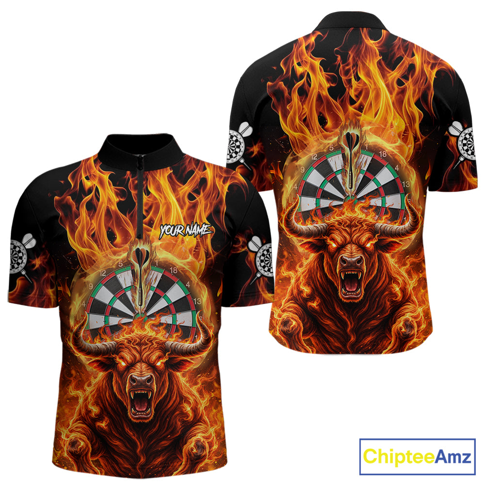 Personalized Orange Flaming Bull Darts Shirt For Men Custom Fire Darts Jersey Team Polo & 1/4 Zip TDM7756