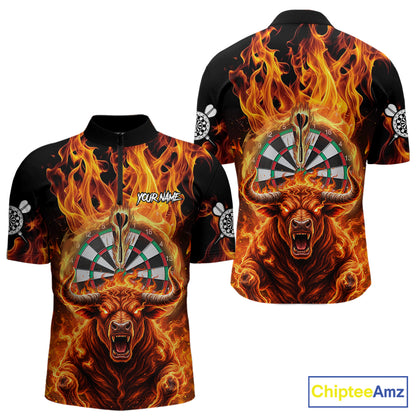 Personalized Orange Flaming Bull Darts Shirt For Men Custom Fire Darts Jersey Team Polo & 1/4 Zip TDM7756