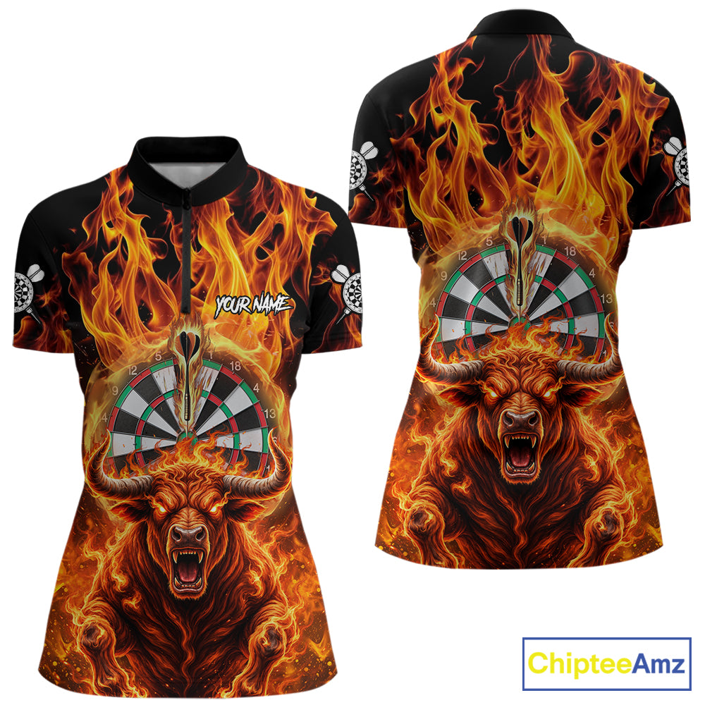 Personalized Orange Flaming Bull Darts Shirt For Women Custom Fire Darts Jersey Team Polo & 1/4 Zip TDM7756