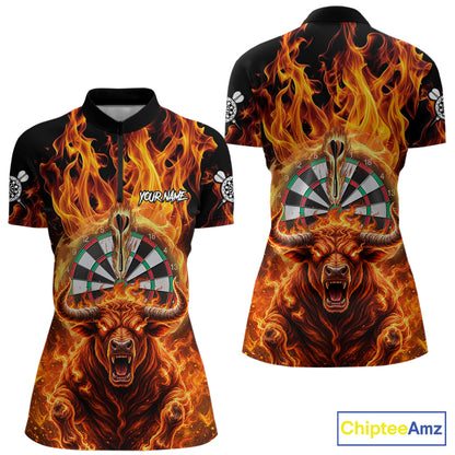 Personalized Orange Flaming Bull Darts Shirt For Women Custom Fire Darts Jersey Team Polo & 1/4 Zip TDM7756