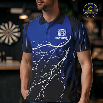 Personalized Black And Blue Lightning Thunder Darts Shirt For Men Custom Darts League Team Jersey TDM7757