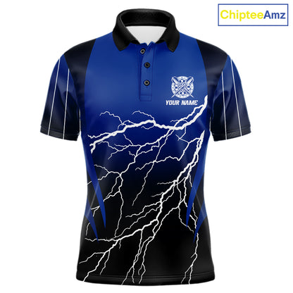 Personalized Black And Blue Lightning Thunder Darts Shirt For Men Custom Darts League Team Jersey TDM7757