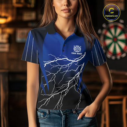 Personalized Black And Blue Lightning Thunder Darts Shirt For Women Custom Darts League Team Jersey TDM7757