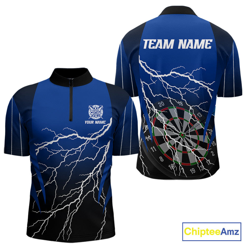 Personalized Black And Blue Lightning Thunder Darts Shirt For Men Custom Darts League Team Jersey TDM7757