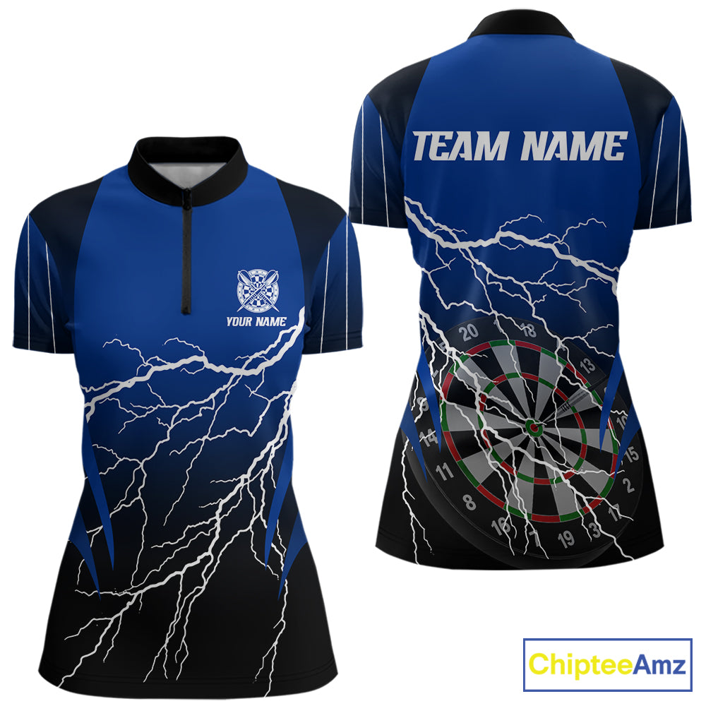 Personalized Black And Blue Lightning Thunder Darts Shirt For Women Custom Darts League Team Jersey TDM7757