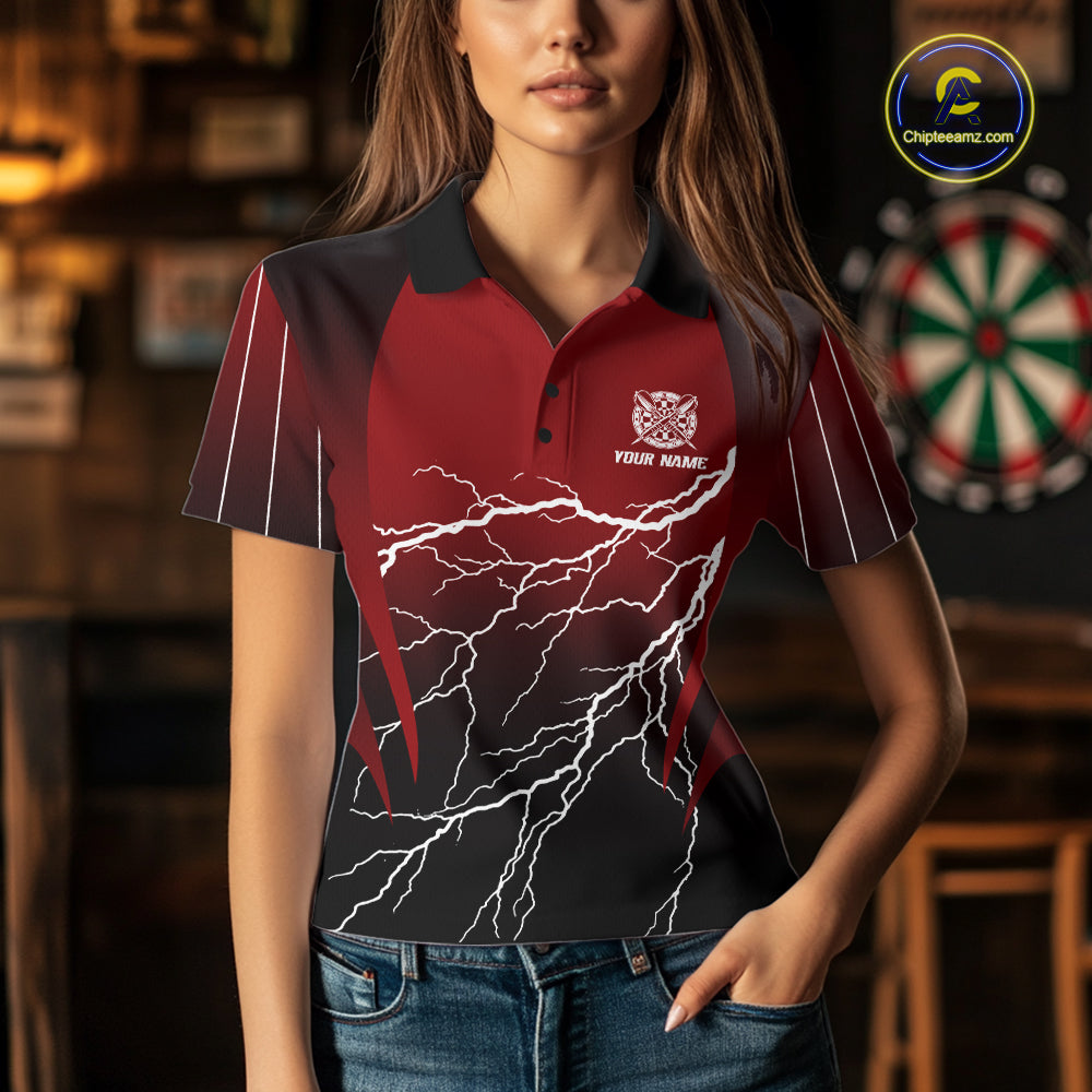 Personalized Black And Red Lightning Thunder Darts Shirt For Women Custom Darts League Team Jersey TDM7758