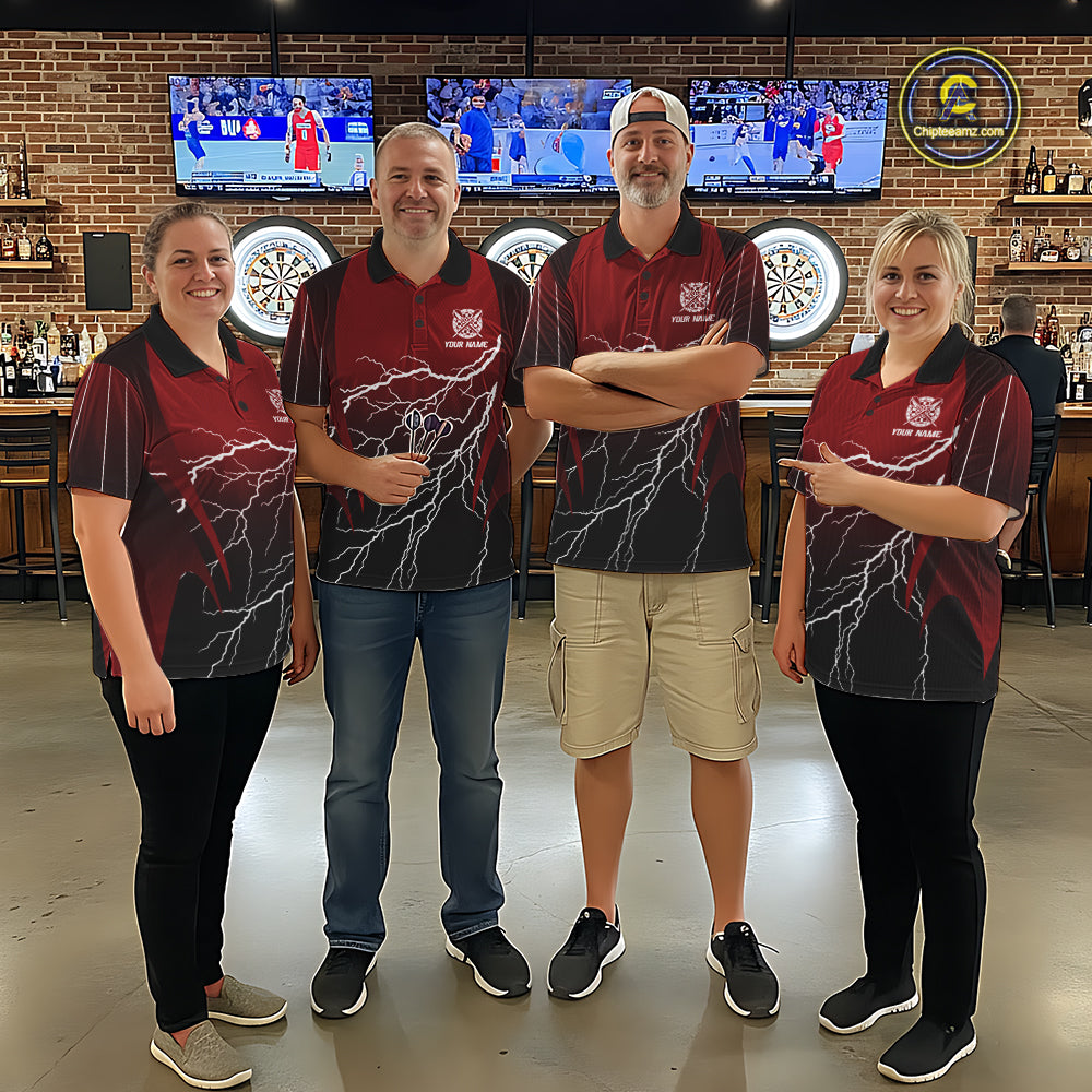 Personalized Black And Red Lightning Thunder Darts Shirt For Men Custom Darts League Team Jersey TDM7758