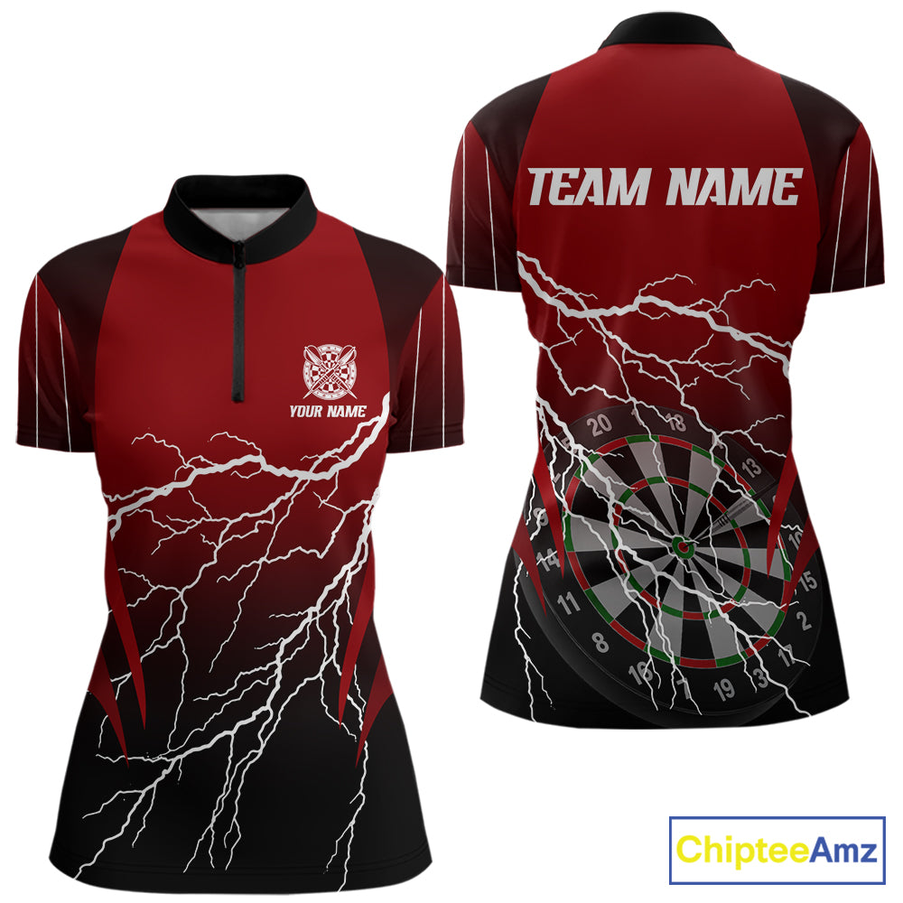 Personalized Black And Red Lightning Thunder Darts Shirt For Women Custom Darts League Team Jersey TDM7758