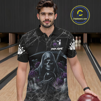 Grim Reaper And Roses Custom Bowling Shirt For Men, Bowling Team Jersey Polo & 1/4 Zip | Purple TDM7765