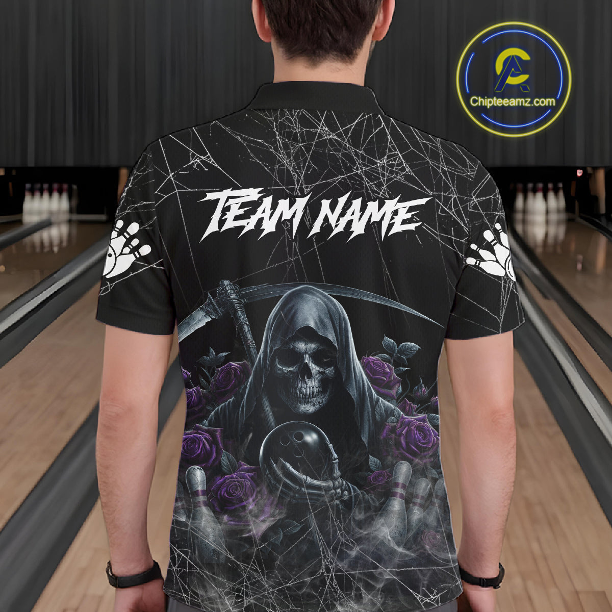 Grim Reaper And Roses Custom Bowling Shirt For Men, Bowling Team Jersey Polo & 1/4 Zip | Purple TDM7765