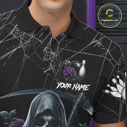 Grim Reaper And Roses Custom Bowling Shirt For Men, Bowling Team Jersey Polo & 1/4 Zip | Purple TDM7765