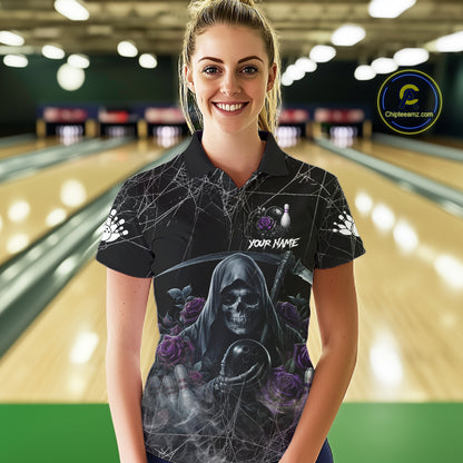 Grim Reaper And Roses Custom Bowling Shirt For Women, Bowling Team Jersey Polo & 1/4 Zip | Purple TDM7765