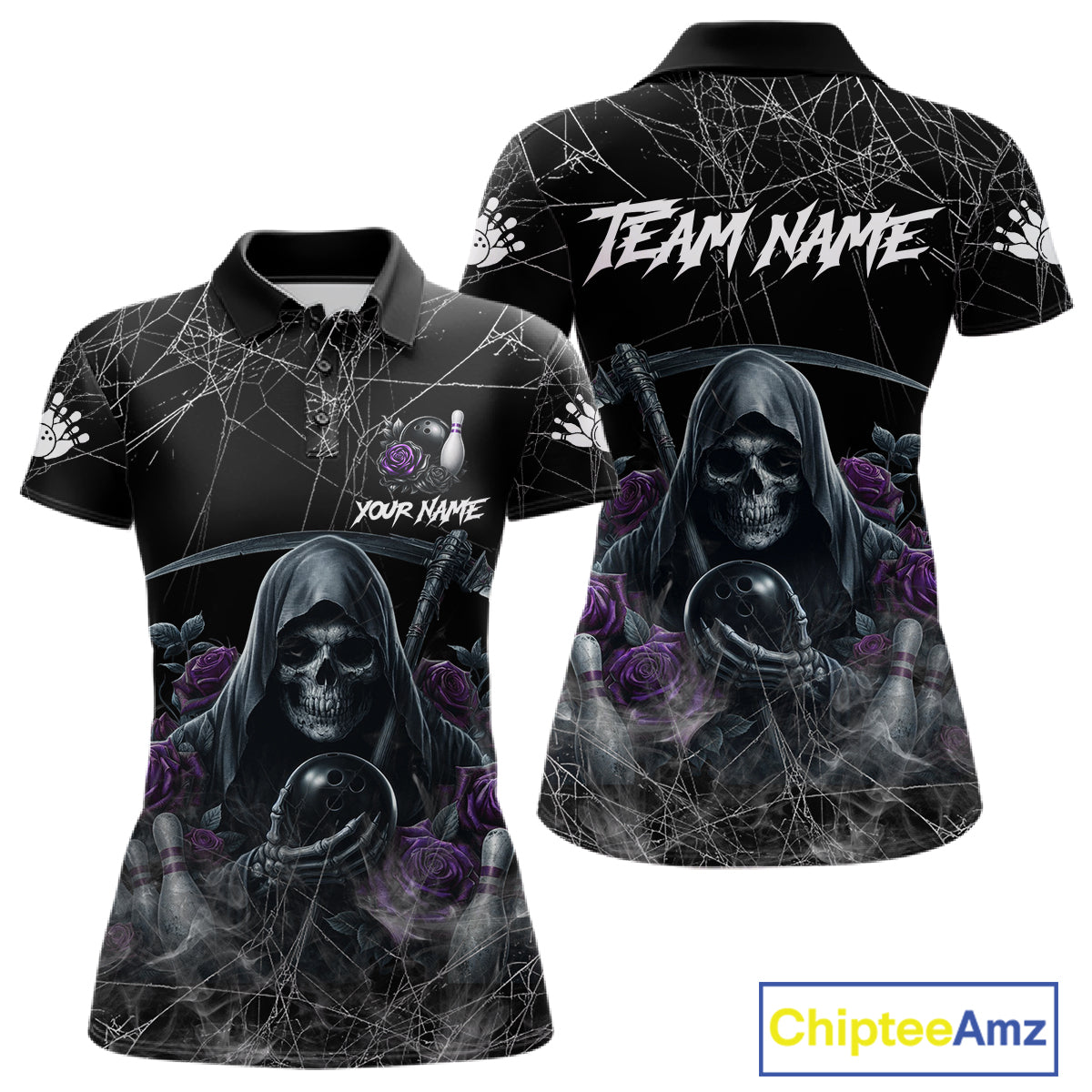 Grim Reaper And Roses Custom Bowling Shirt For Women, Bowling Team Jersey Polo & 1/4 Zip | Purple TDM7765
