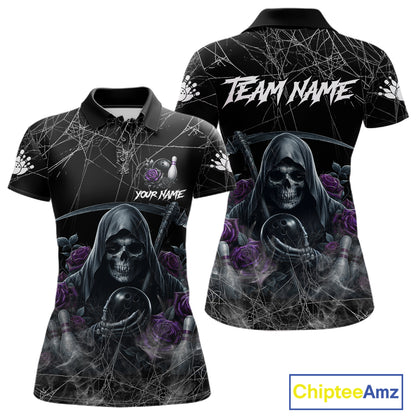 Grim Reaper And Roses Custom Bowling Shirt For Women, Bowling Team Jersey Polo & 1/4 Zip | Purple TDM7765