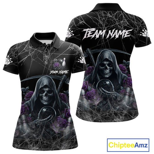 Grim Reaper And Roses Custom Bowling Shirt For Women, Bowling Team Jersey Polo & 1/4 Zip | Purple TDM7765