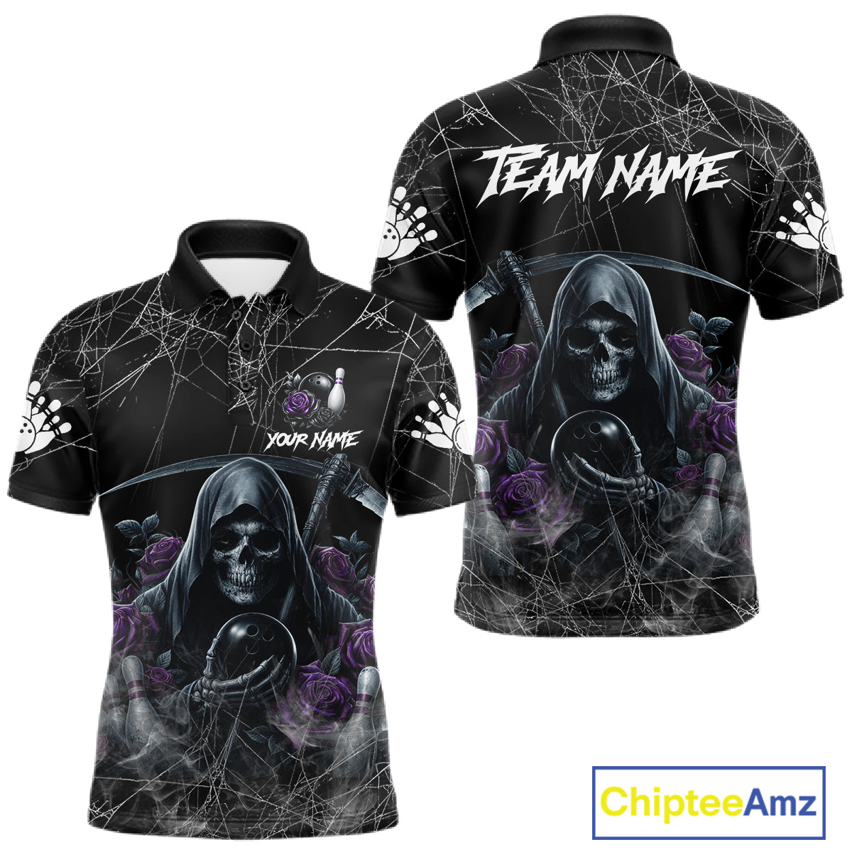 Grim Reaper And Roses Custom Bowling Shirt For Men, Bowling Team Jersey Polo & 1/4 Zip | Purple TDM7765