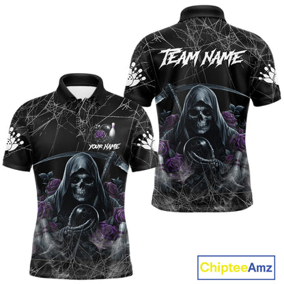 Grim Reaper And Roses Custom Bowling Shirt For Men, Bowling Team Jersey Polo & 1/4 Zip | Purple TDM7765