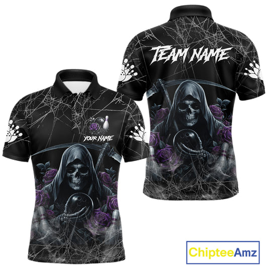 Grim Reaper And Roses Custom Bowling Shirt For Men, Bowling Team Jersey Polo & 1/4 Zip | Purple TDM7765