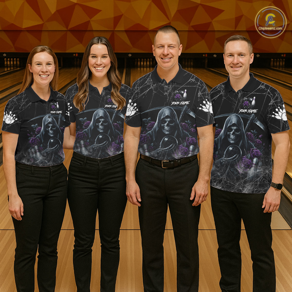 Grim Reaper And Roses Custom Bowling Shirt For Men, Bowling Team Jersey Polo & 1/4 Zip | Purple TDM7765