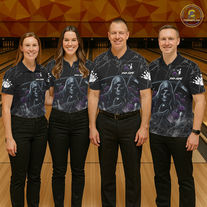 Grim Reaper And Roses Custom Bowling Shirt For Men, Bowling Team Jersey Polo & 1/4 Zip | Purple TDM7765