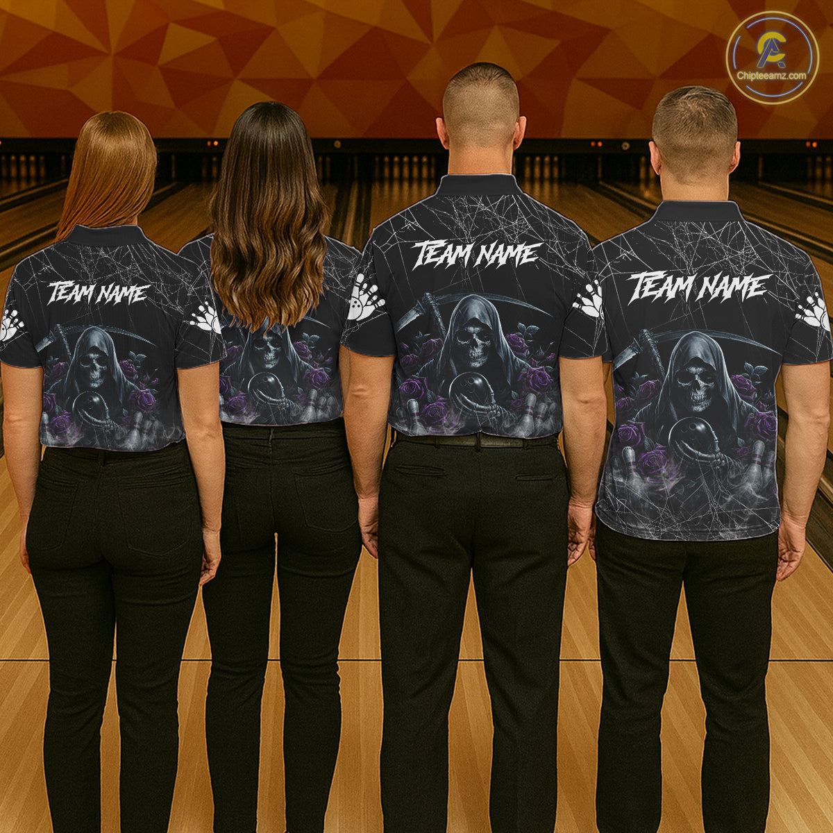 Grim Reaper And Roses Custom Bowling Shirt For Men, Bowling Team Jersey Polo & 1/4 Zip | Purple TDM7765