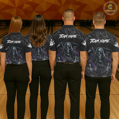 Grim Reaper And Roses Custom Bowling Shirt For Men, Bowling Team Jersey Polo & 1/4 Zip | Purple TDM7765