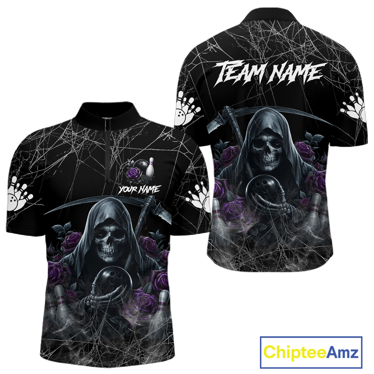 Grim Reaper And Roses Custom Bowling Shirt For Men, Bowling Team Jersey Polo & 1/4 Zip | Purple TDM7765