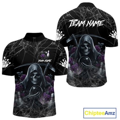 Grim Reaper And Roses Custom Bowling Shirt For Men, Bowling Team Jersey Polo & 1/4 Zip | Purple TDM7765