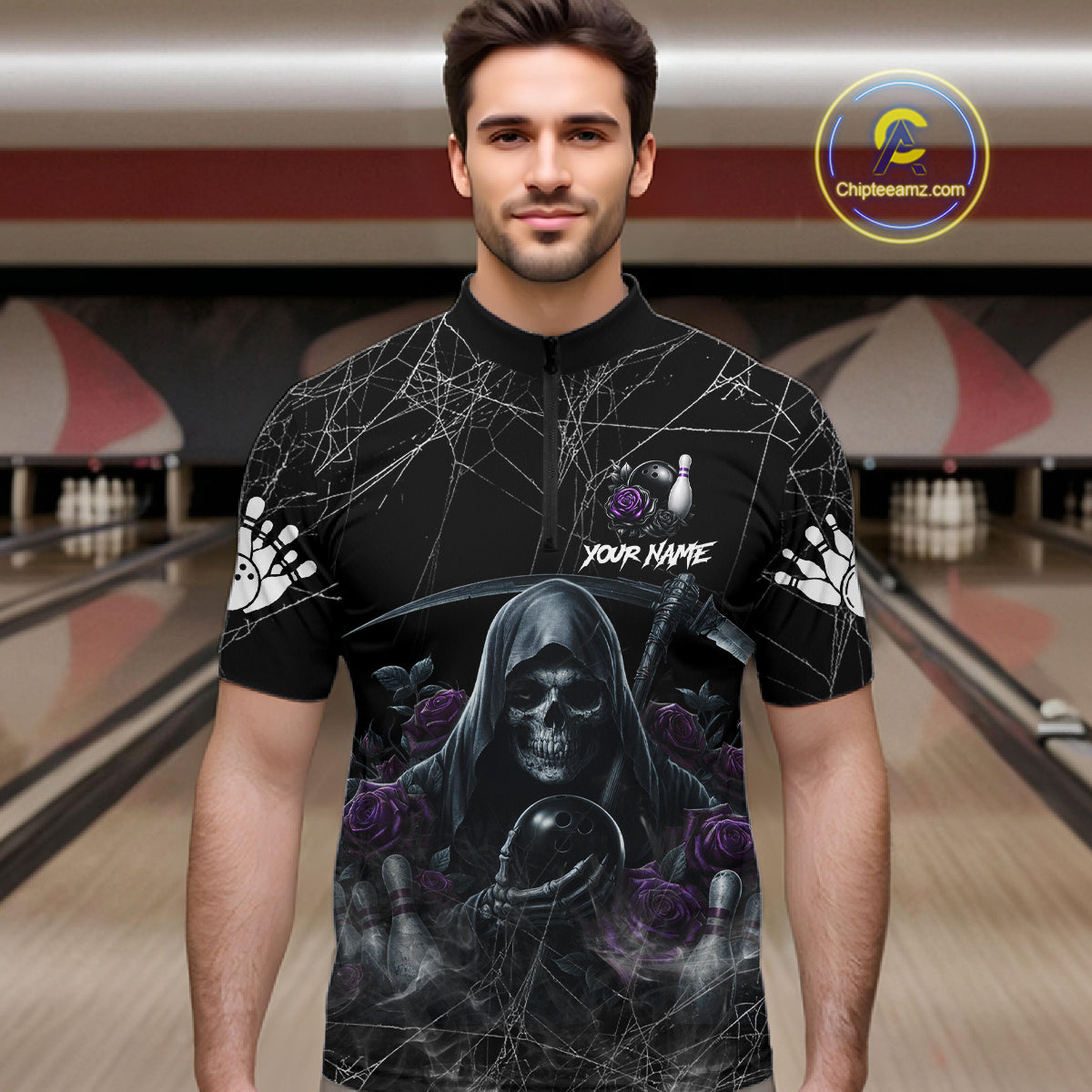 Grim Reaper And Roses Custom Bowling Shirt For Men, Bowling Team Jersey Polo & 1/4 Zip | Purple TDM7765