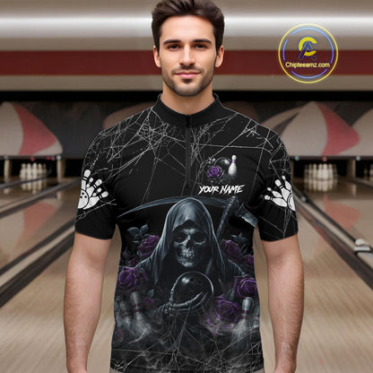 Grim Reaper And Roses Custom Bowling Shirt For Men, Bowling Team Jersey Polo & 1/4 Zip | Purple TDM7765