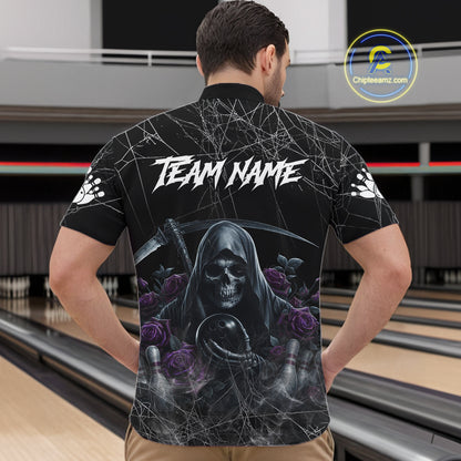 Grim Reaper And Roses Custom Bowling Shirt For Men, Bowling Team Jersey Polo & 1/4 Zip | Purple TDM7765