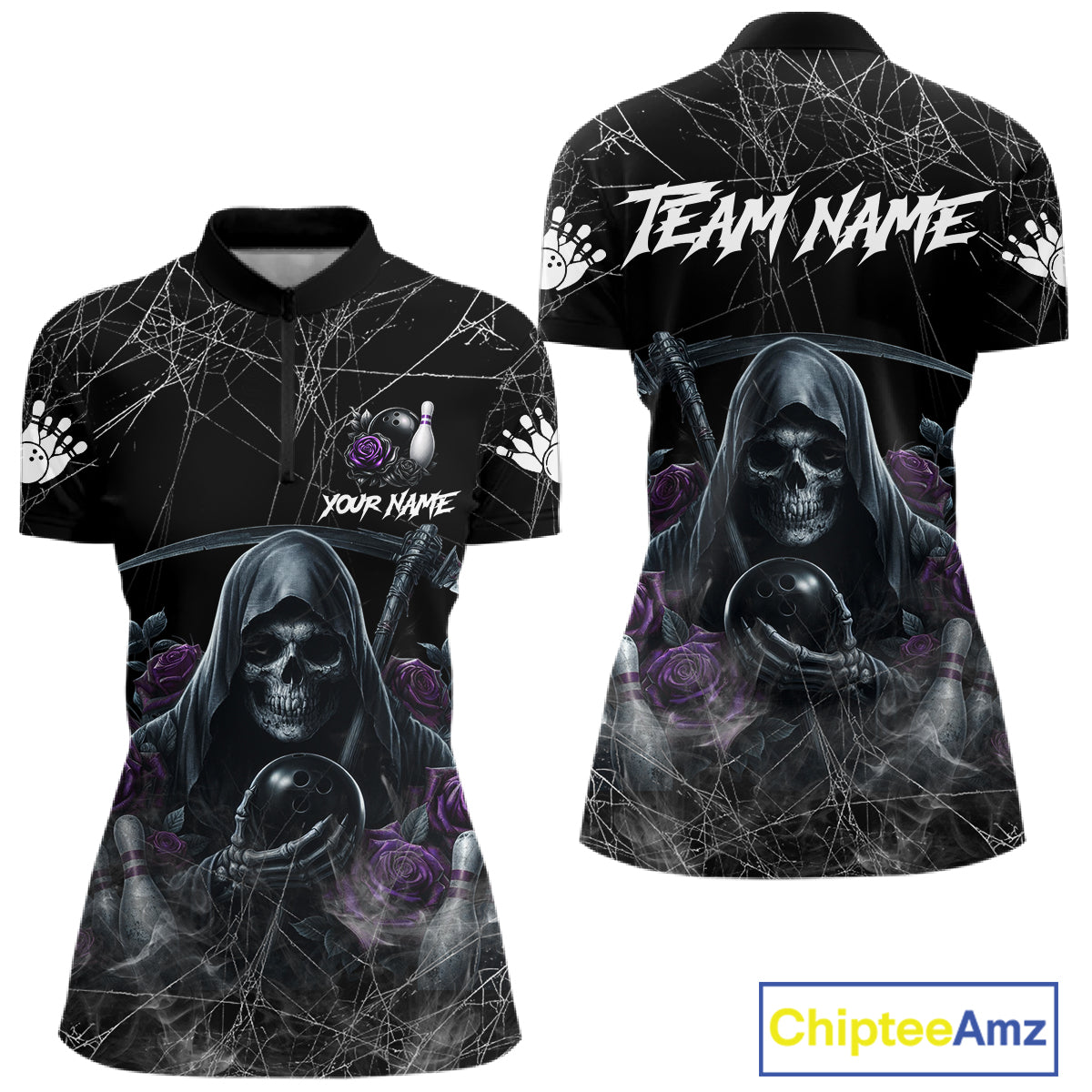 Grim Reaper And Roses Custom Bowling Shirt For Women, Bowling Team Jersey Polo & 1/4 Zip | Purple TDM7765