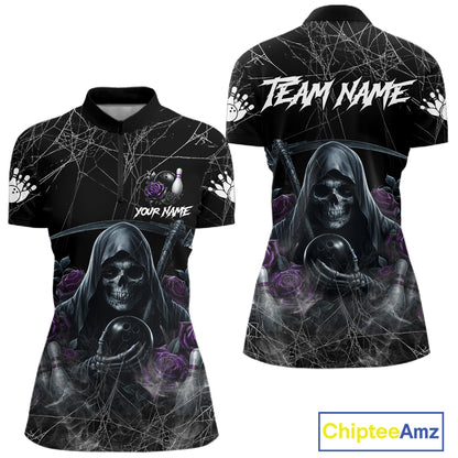 Grim Reaper And Roses Custom Bowling Shirt For Women, Bowling Team Jersey Polo & 1/4 Zip | Purple TDM7765